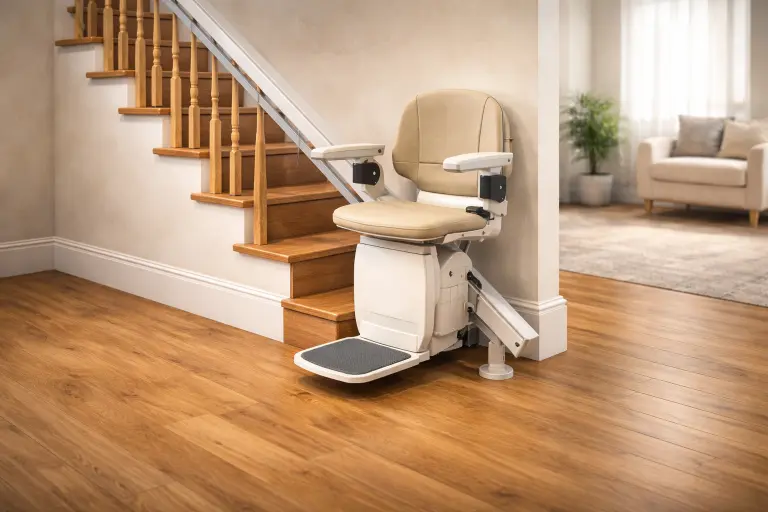 Monte-escalier droit installé sur un escalier rectiligne